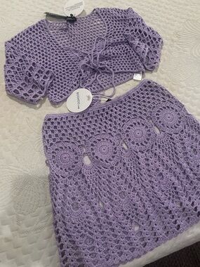 Boohoo Lavender Crochet Crop Top and Skirt Set